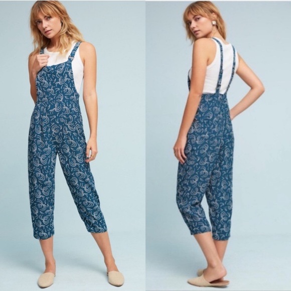Maeve Pants - Anthropologie Maeve Tidal Jumpsuit Overalls Large Teal Blue White Boho Pockets